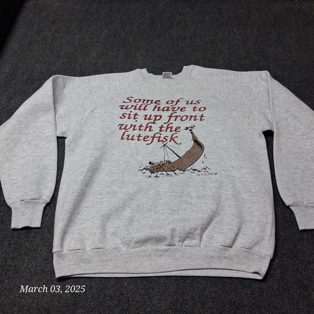 VTG JerZees Ed Fischer Sit‎ Up Front With Lutefisk Sweatshirt Adult SZ XL
